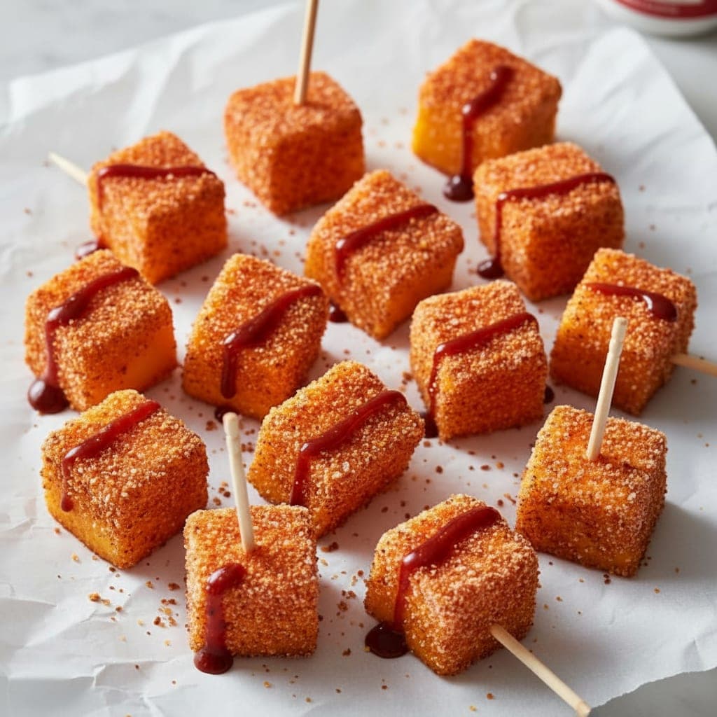 frozen spicy Tajín mango bites arranged on parchment with toothpicks ready to serve
