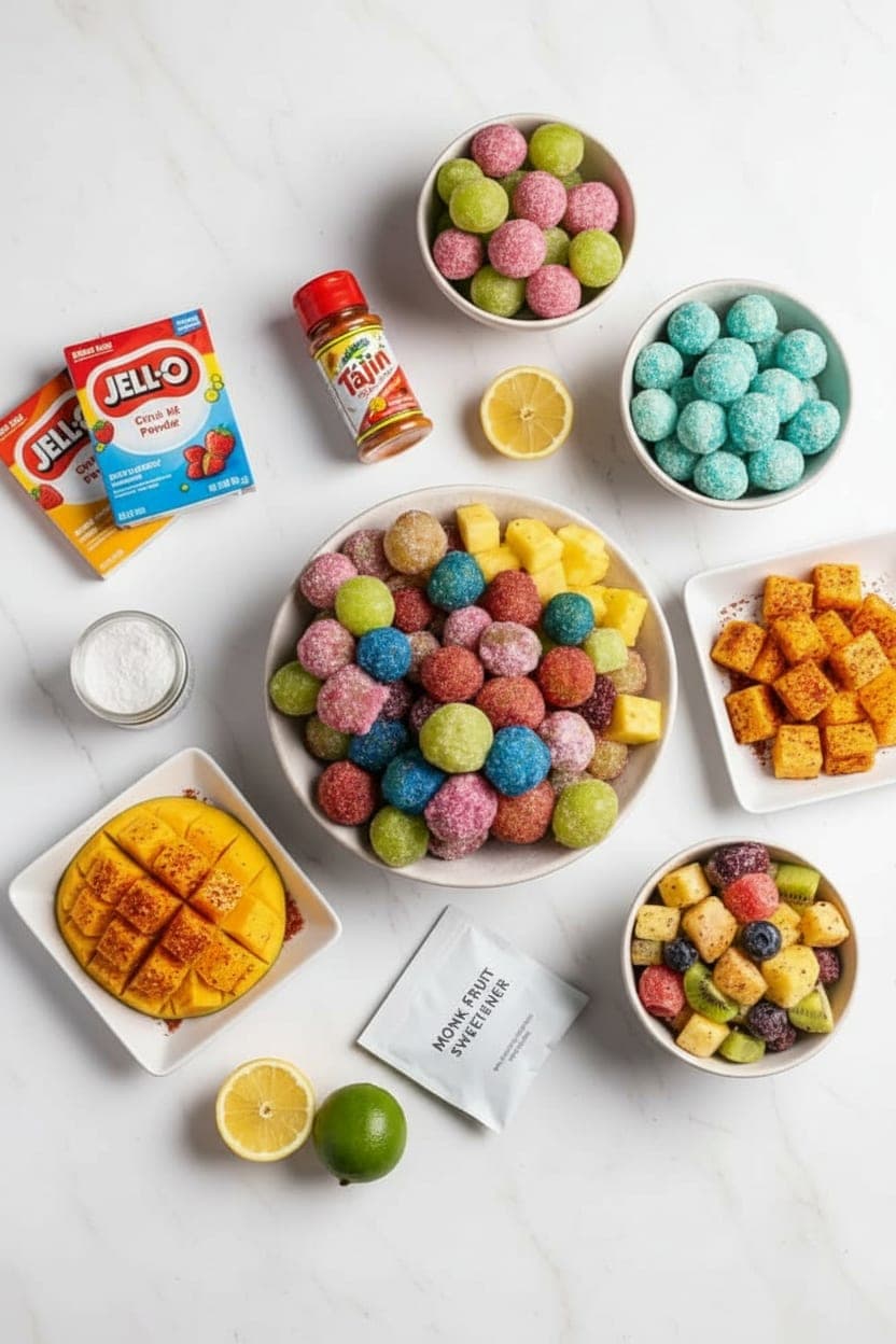 TikTok viral candy fruit snacks 2026 — complete collection of sour coated fruit, Tajín mango, chamoy fruit, and sugar-free versions