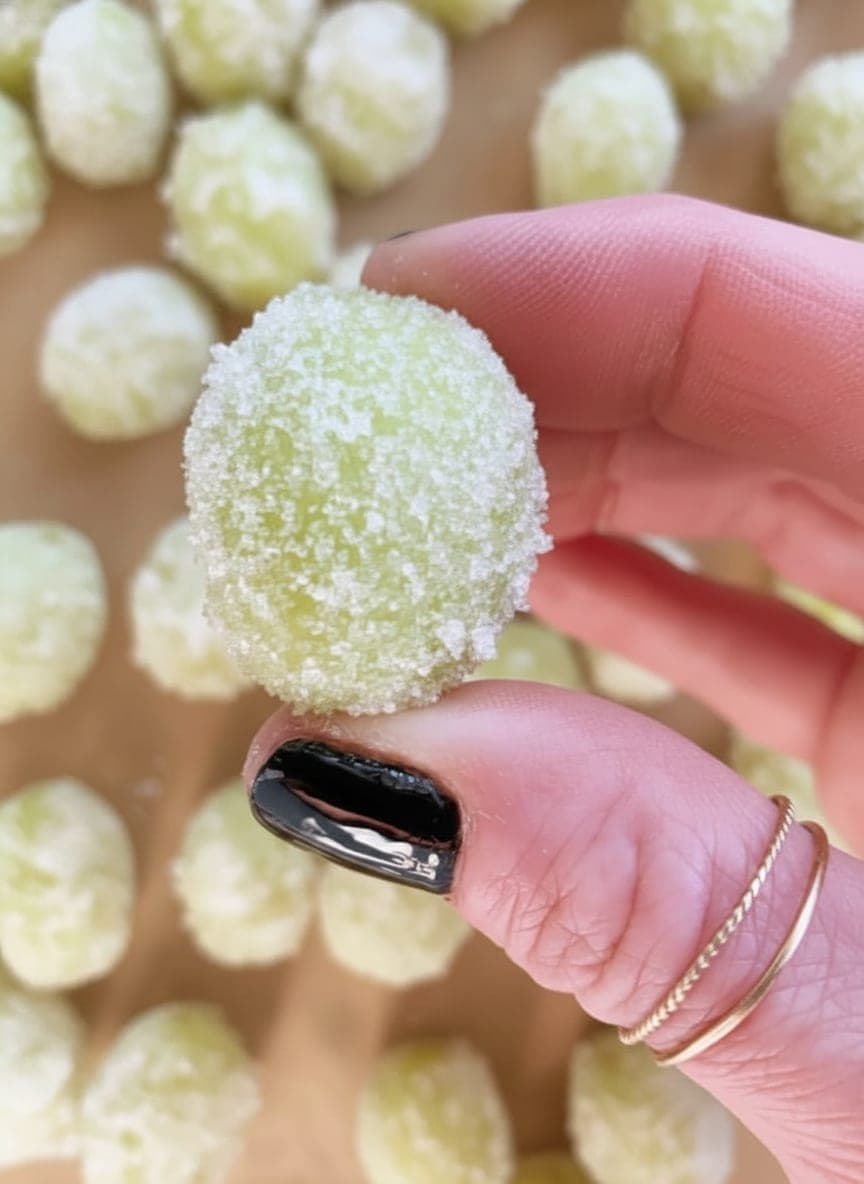 close-up of frozen sour candy grapes showing sparkling sour sugar coating