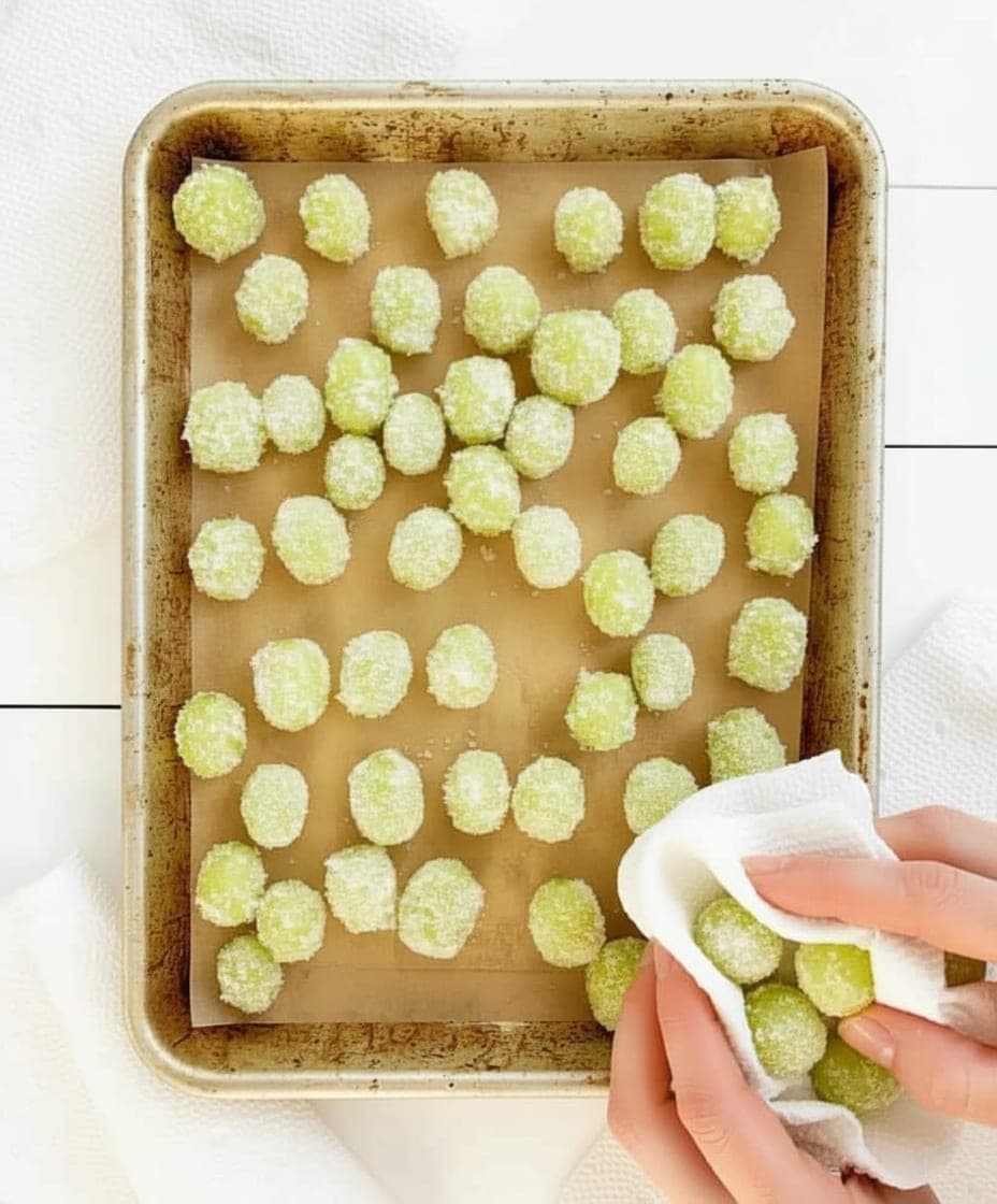 green Cotton Candy grapes being dried with paper towels before coating