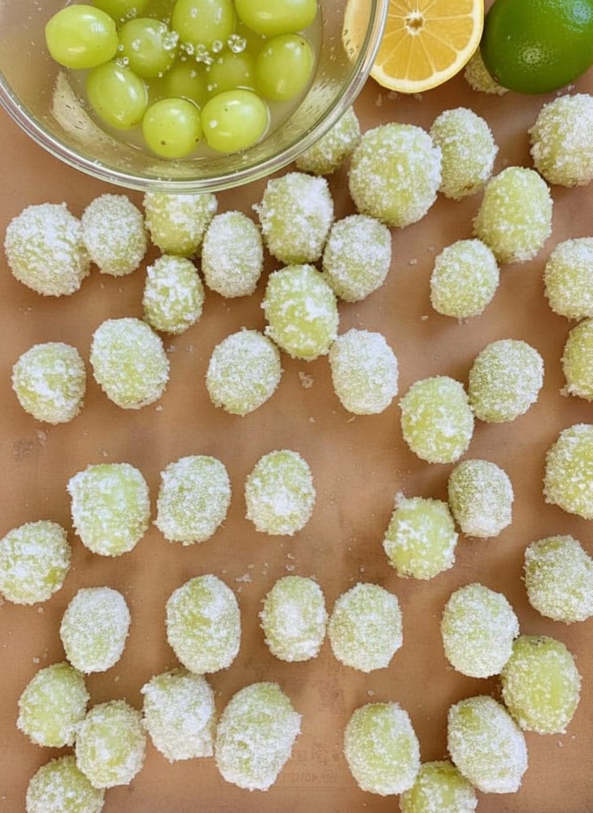 grapes being tossed in fresh squeezed lemon and lime juice