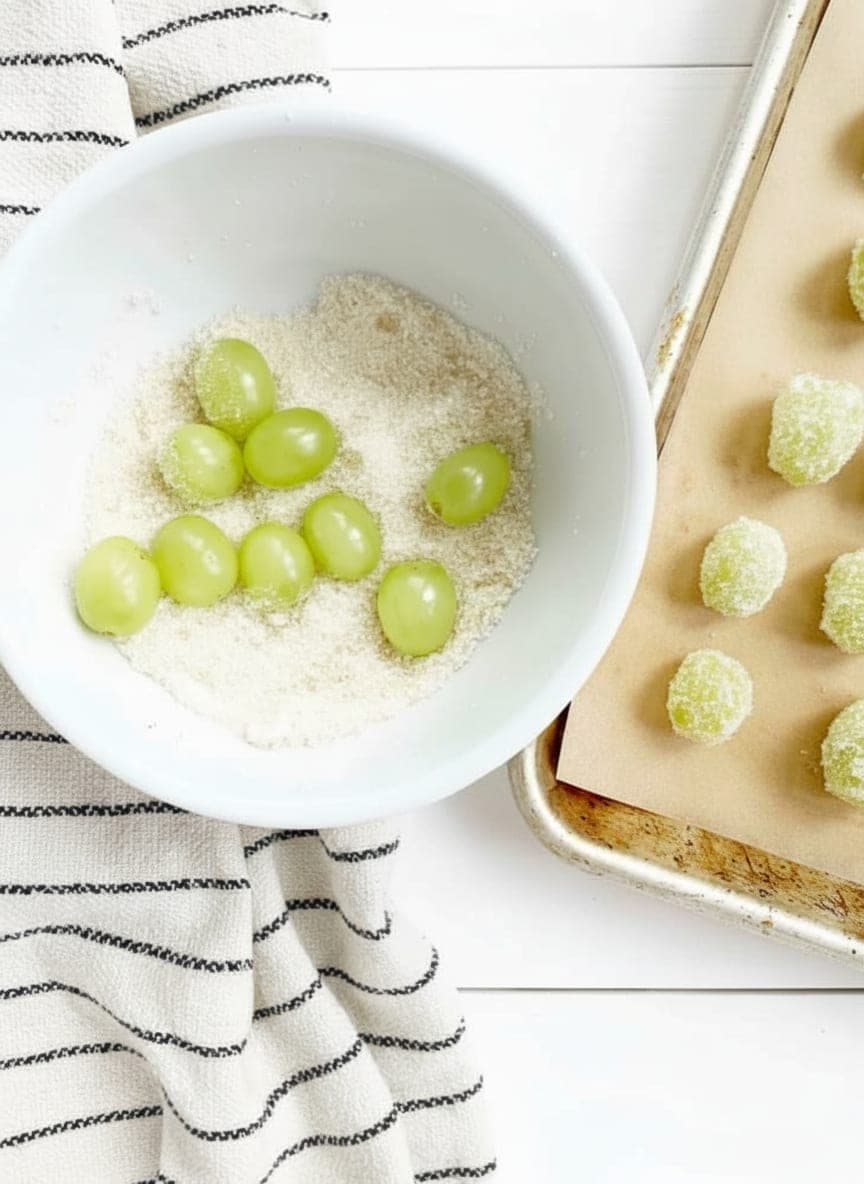 sour candy grapes coated in sparkling citric acid sugar laid out on parchment to freeze